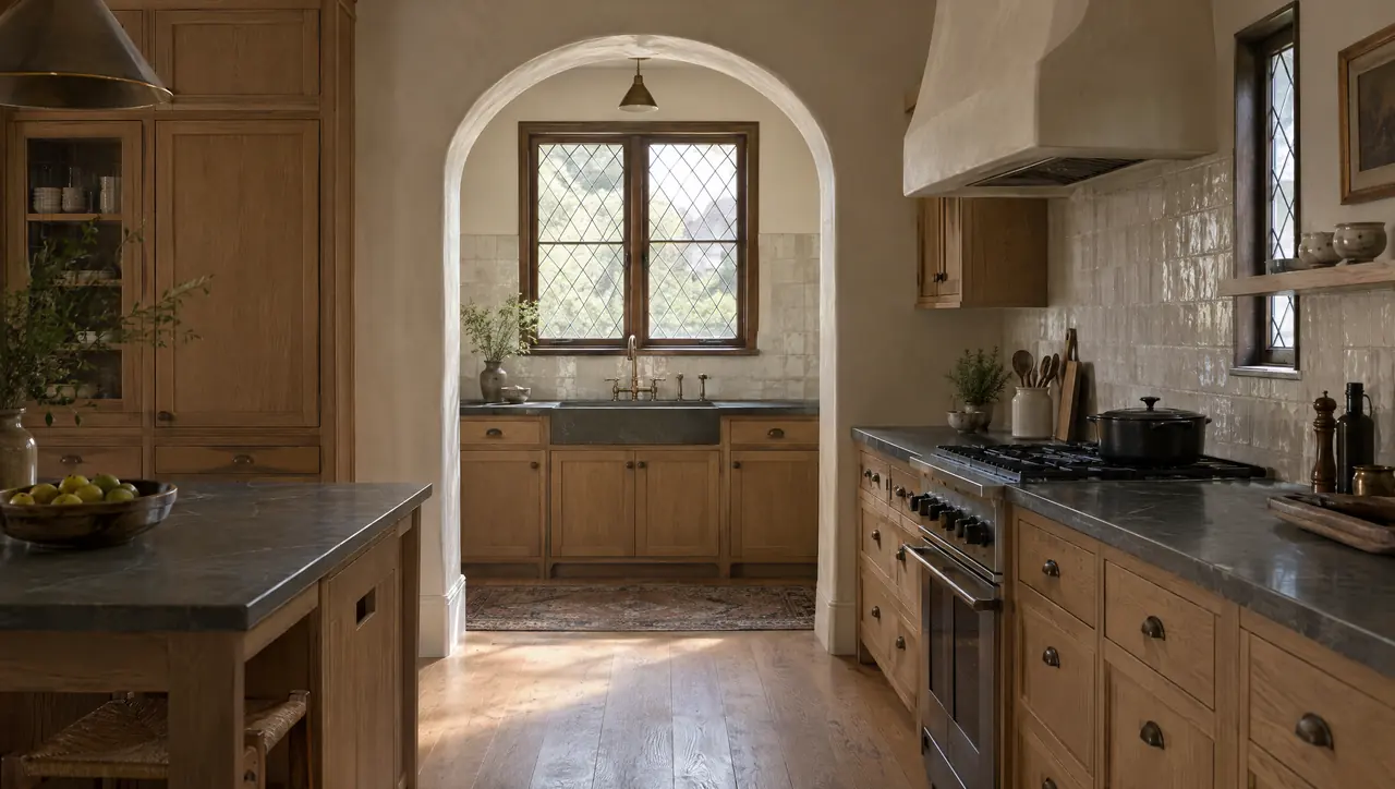 Concept visualization: a 1920s Tudor kitchen with white oak inset cabinetry and soapstone counters