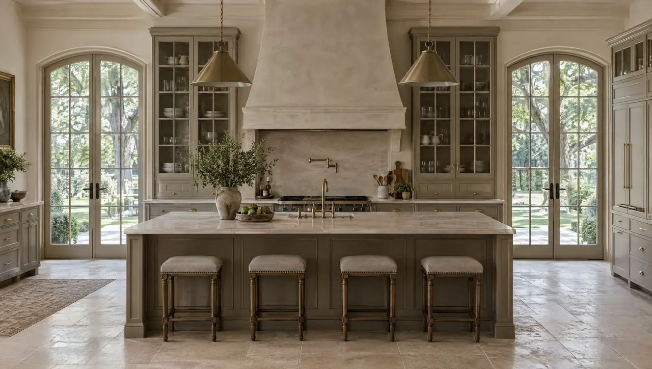 Concept visualization: a symmetrical estate kitchen with a plaster hood and inset cabinetry
