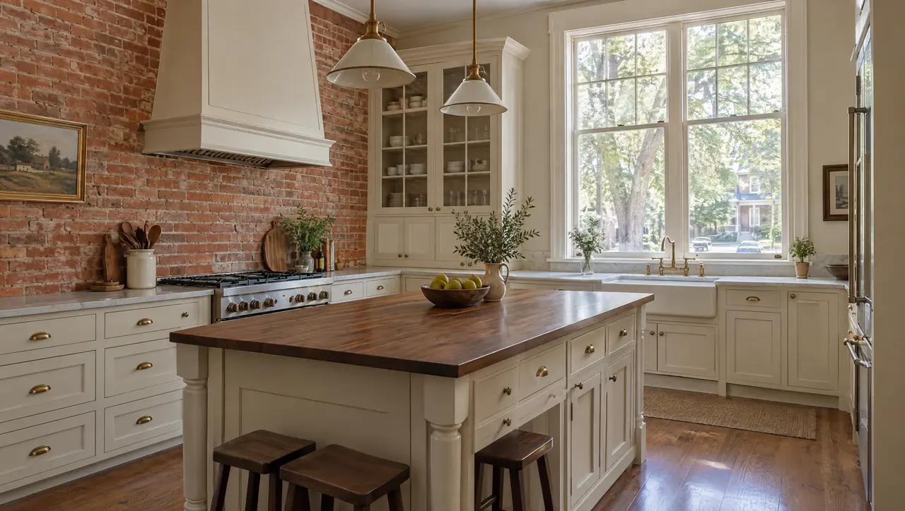Concept visualization: a restored brick house kitchen with painted inset cabinetry and a walnut-topped island