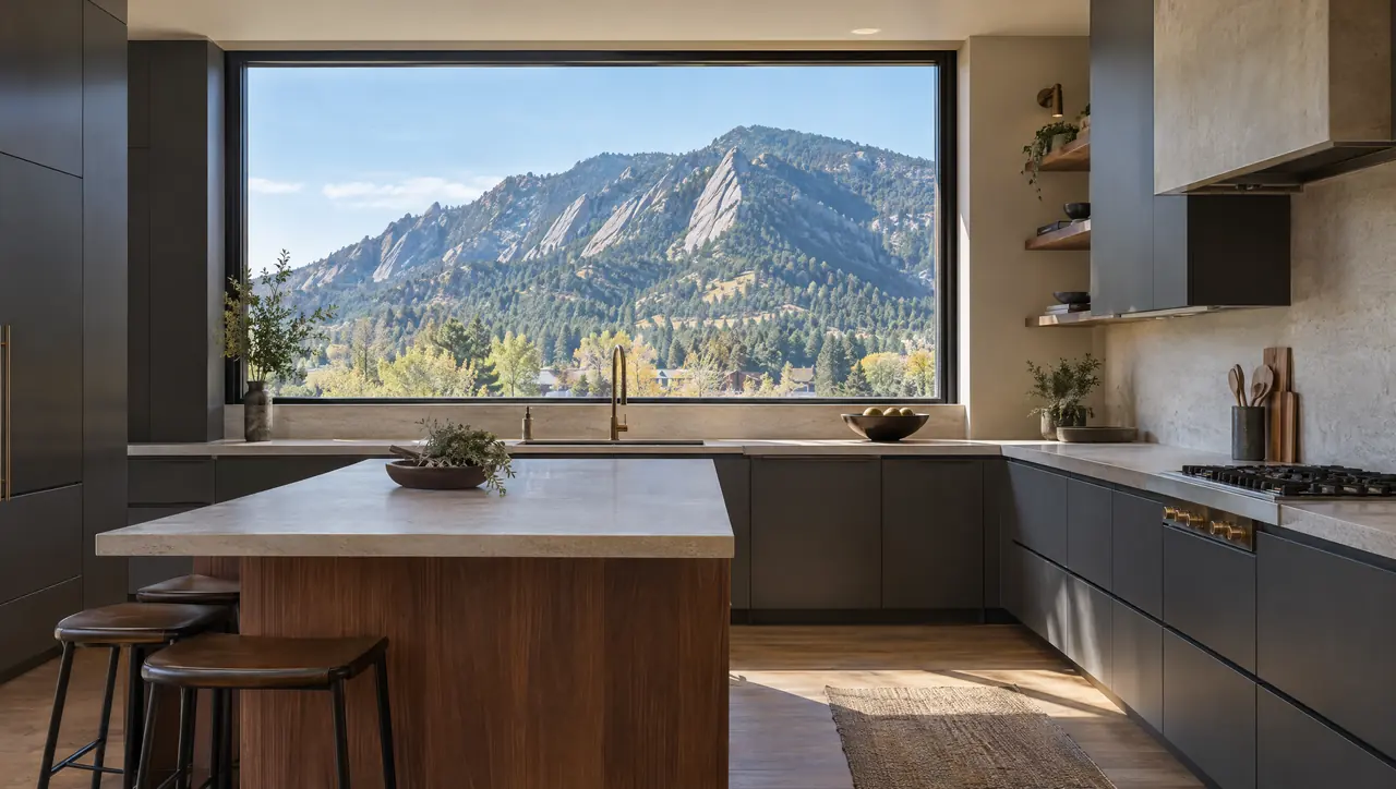 Concept visualization: a contemporary kitchen in charcoal lacquer and walnut with a window toward the Flatirons
