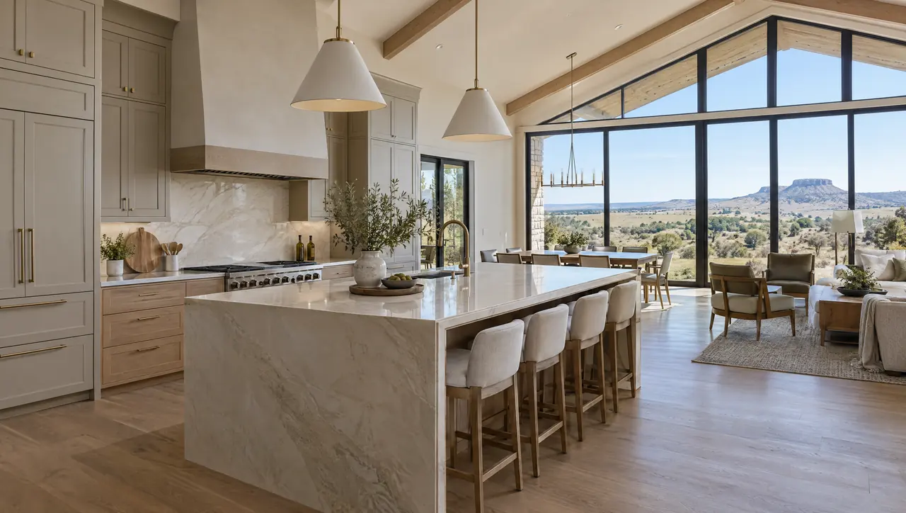 Concept visualization: a new-build great-room kitchen with a quartzite island and views over open grassland