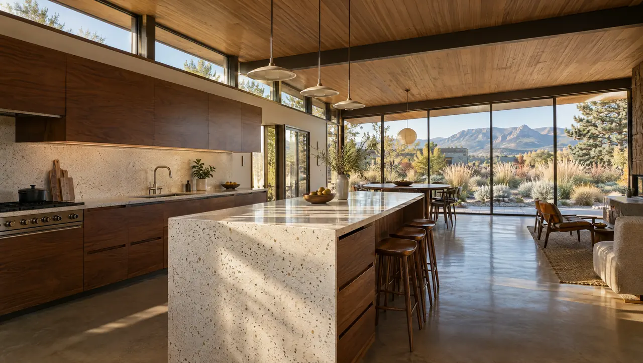 Concept visualization: an opened-up mid-century ranch kitchen with walnut cabinetry and clerestory windows