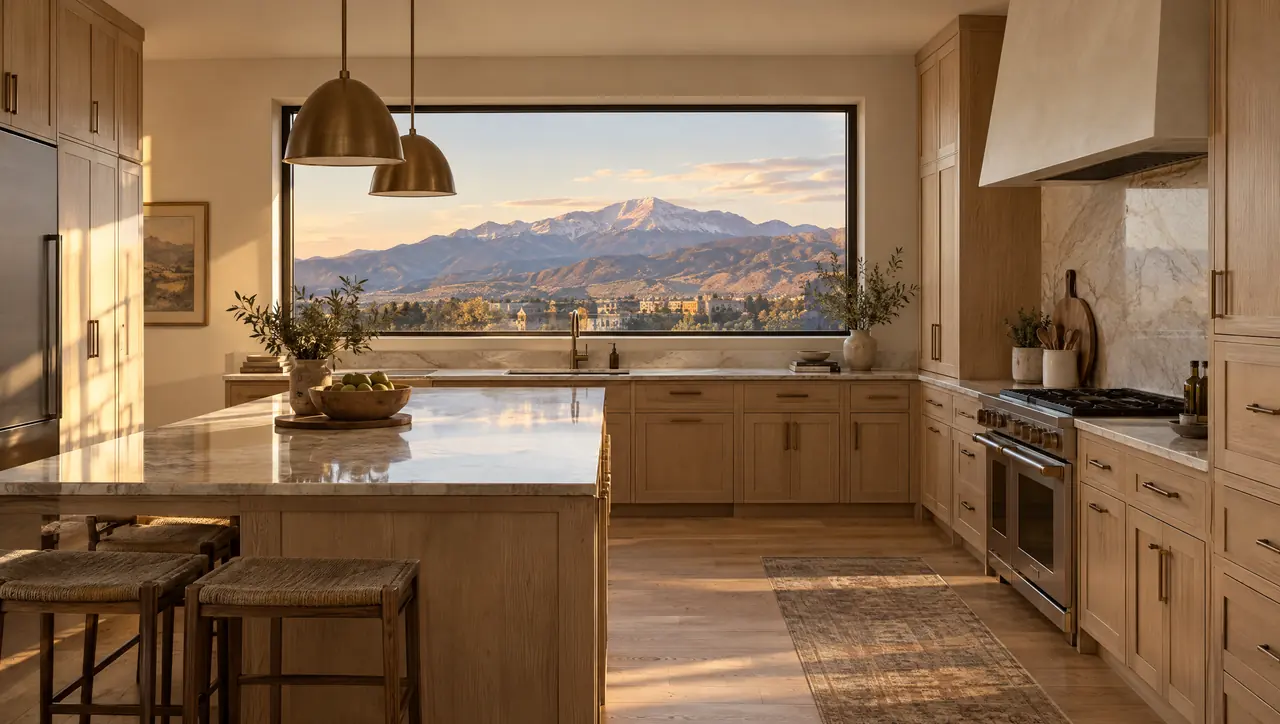 Concept visualization: a white oak kitchen with a west window toward Pikes Peak