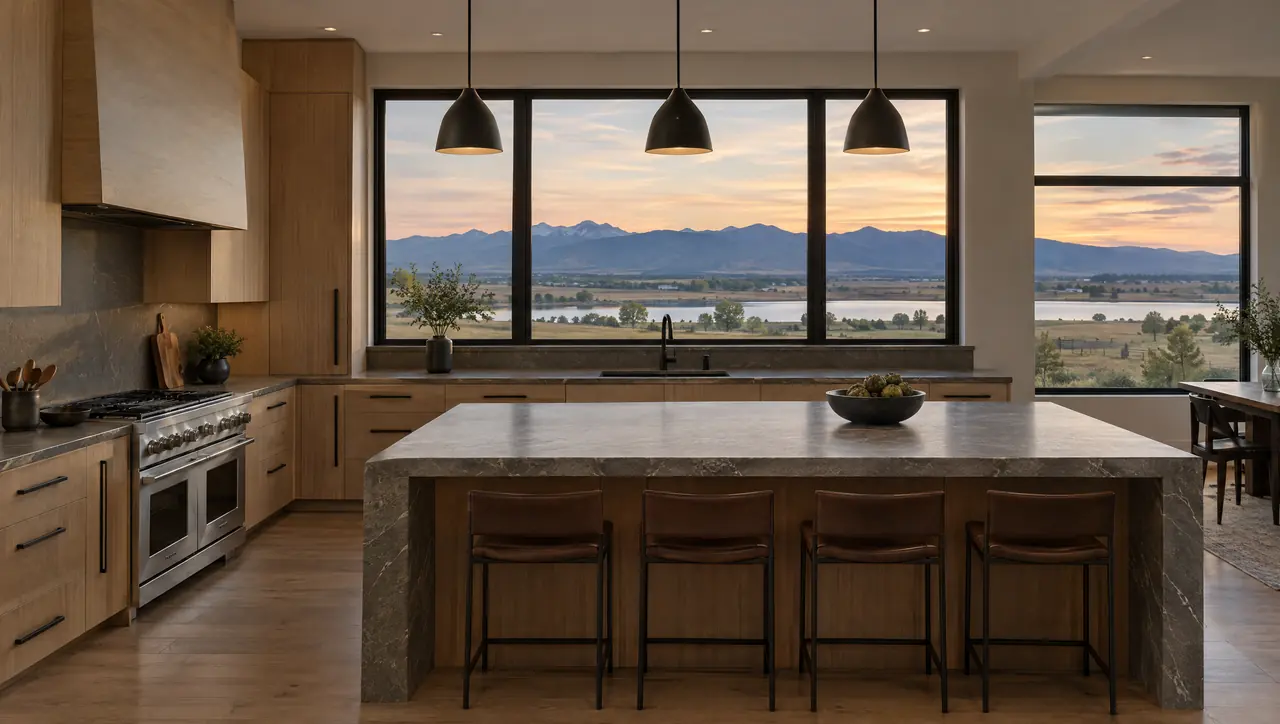 Concept visualization: a white oak kitchen looking across open land to the Front Range mountains