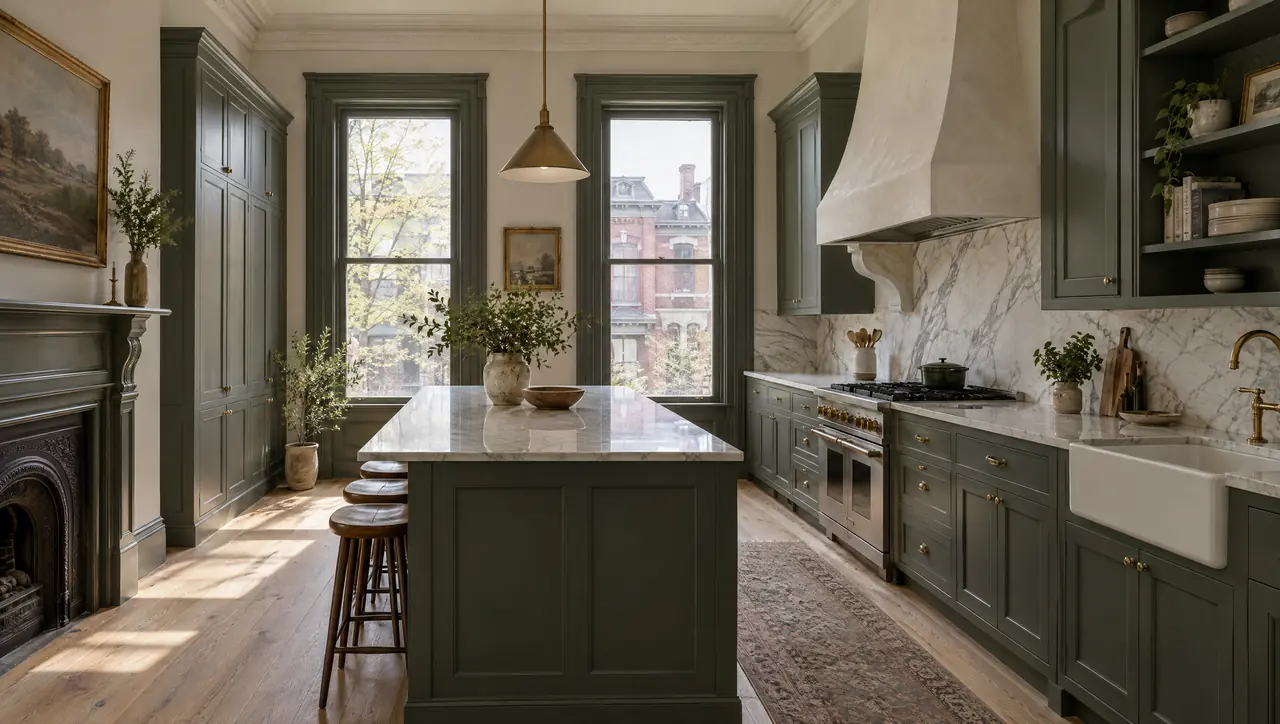 Concept visualization: a restored Victorian kitchen with tall windows, painted inset cabinetry and marble
