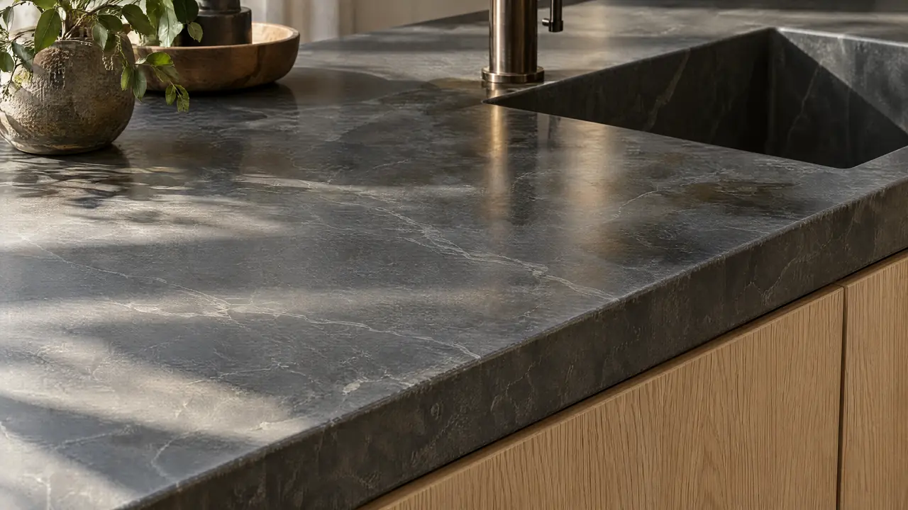 Dark grey soapstone countertop with a thick eased edge and an integral soapstone sink above white oak cabinets