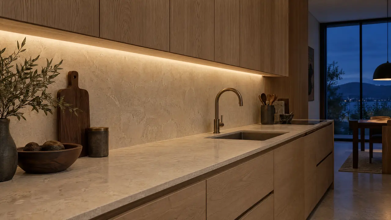 White oak kitchen at dusk with a continuous warm light line under the wall cabinets washing a limestone backsplash and counter