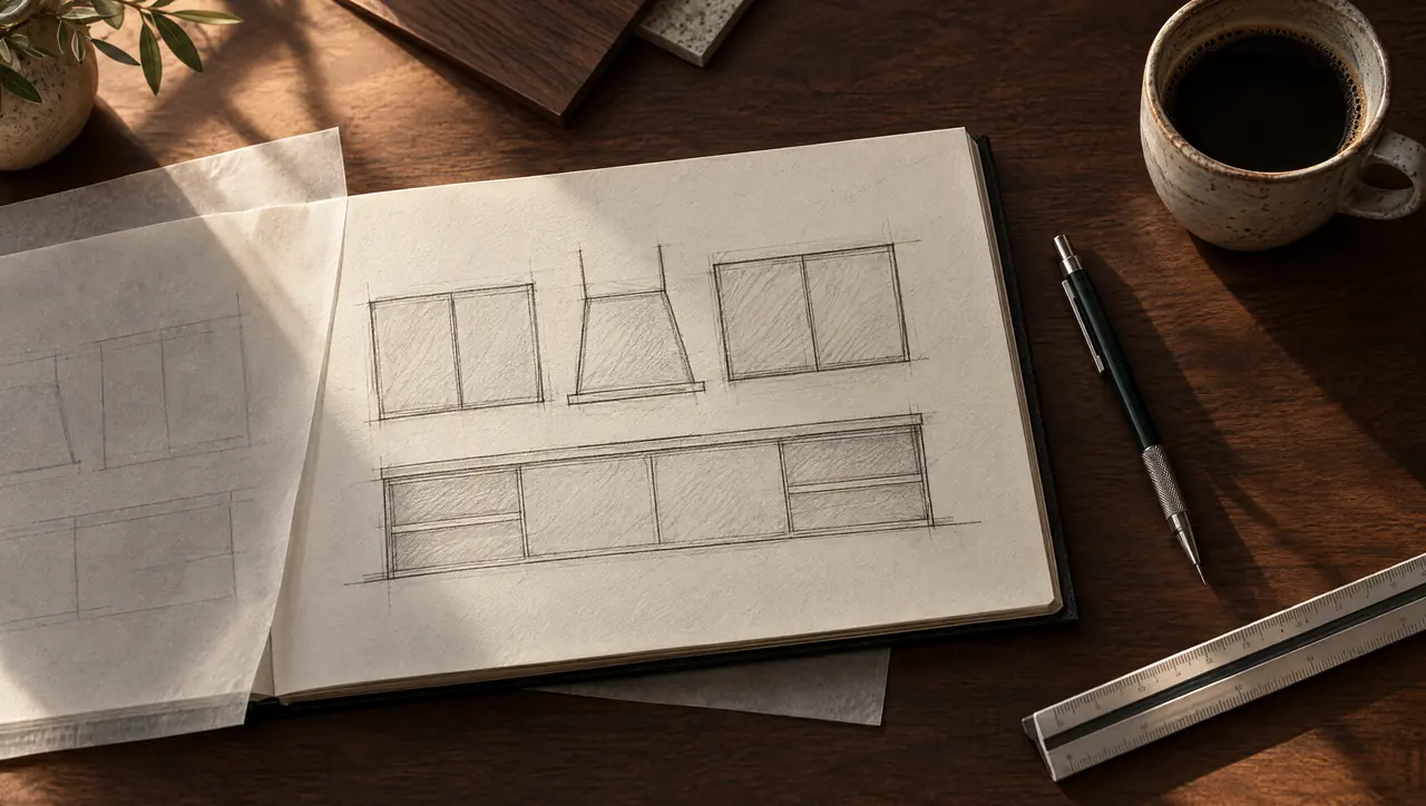 A pencil sketch of the kitchen elevation on a walnut table
