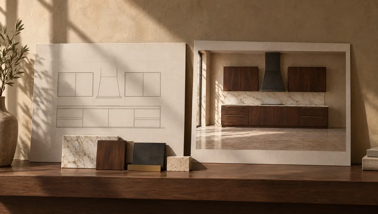 Presentation boards showing the elevation drawing and a visualization of the kitchen