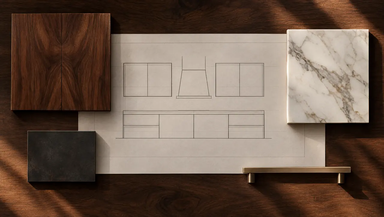 Walnut, marble, steel and bronze samples laid on the printed elevation
