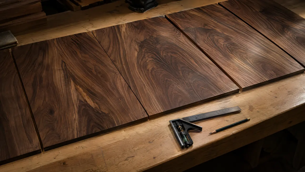 Walnut fronts laid out in grain sequence on a workbench
