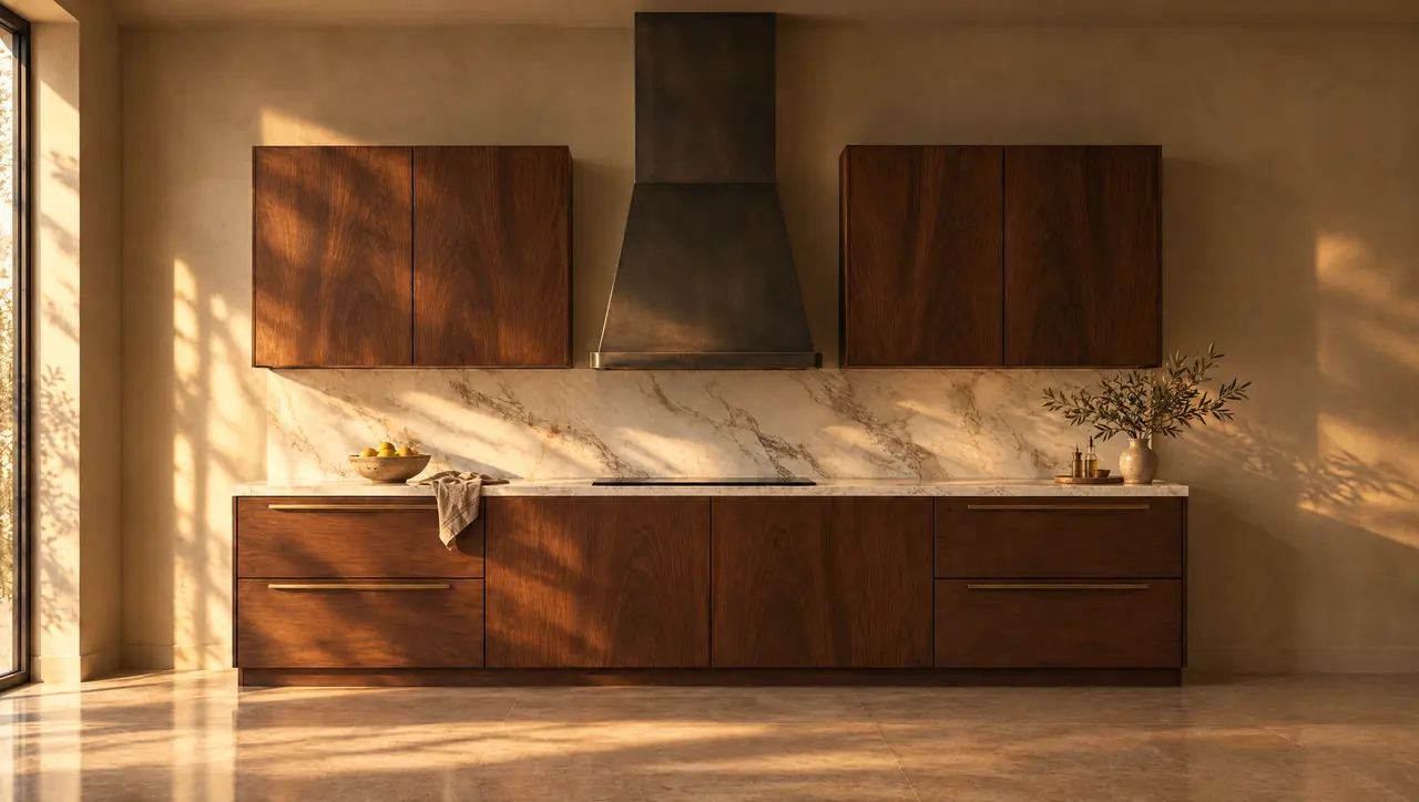 A finished walnut and marble kitchen in evening light, lived in